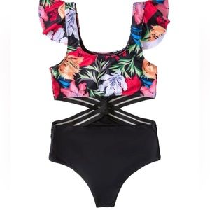Shein Women's Floral Print Ruffle Trim Cut Out One Piece Swimsuit Monokinis Med